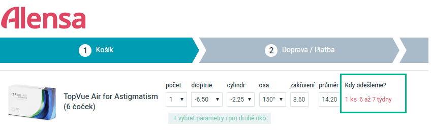 Alensa neskladové zboží - doručovací časy v košíku